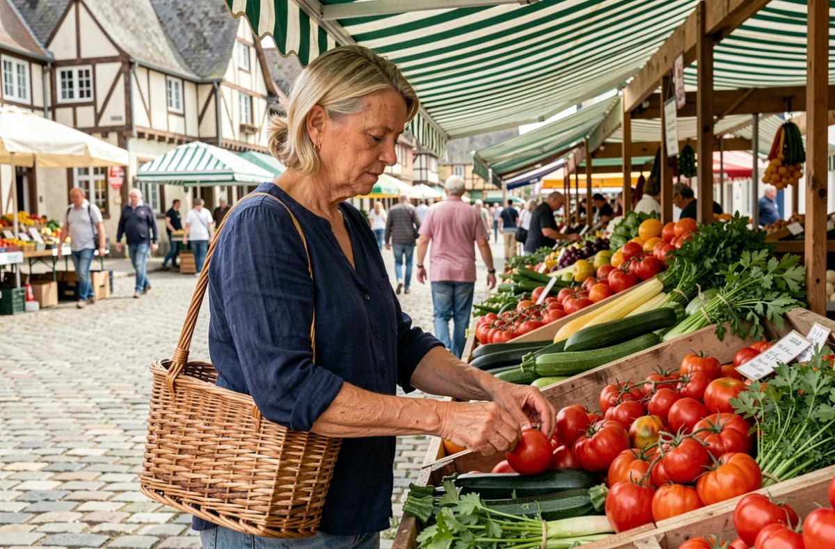 Femme choisissant des légumes frais au marché de Deauville sous les auvents rayés verts et blancs