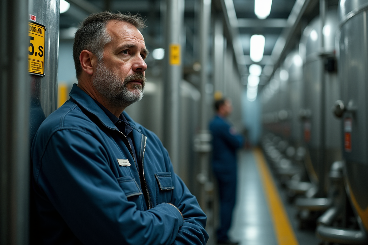 Mécanicien inhalant près d’un cylindre de gaz dans une usine