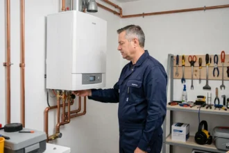 Technicien chauffagiste professionnel inspectant une chaudière moderne dans une maison en Essonne