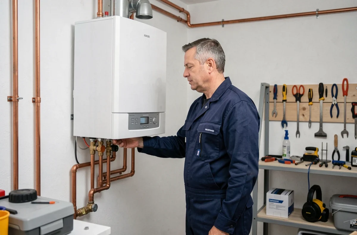 Technicien chauffagiste professionnel inspectant une chaudière moderne dans une maison en Essonne