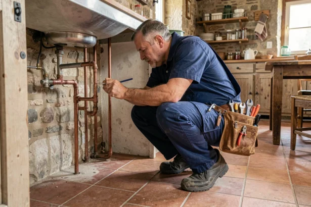 Plombier professionnel travaillant sous un évier dans une maison de campagne du Cher, illustrant les services de plomberie d'urgence locaux