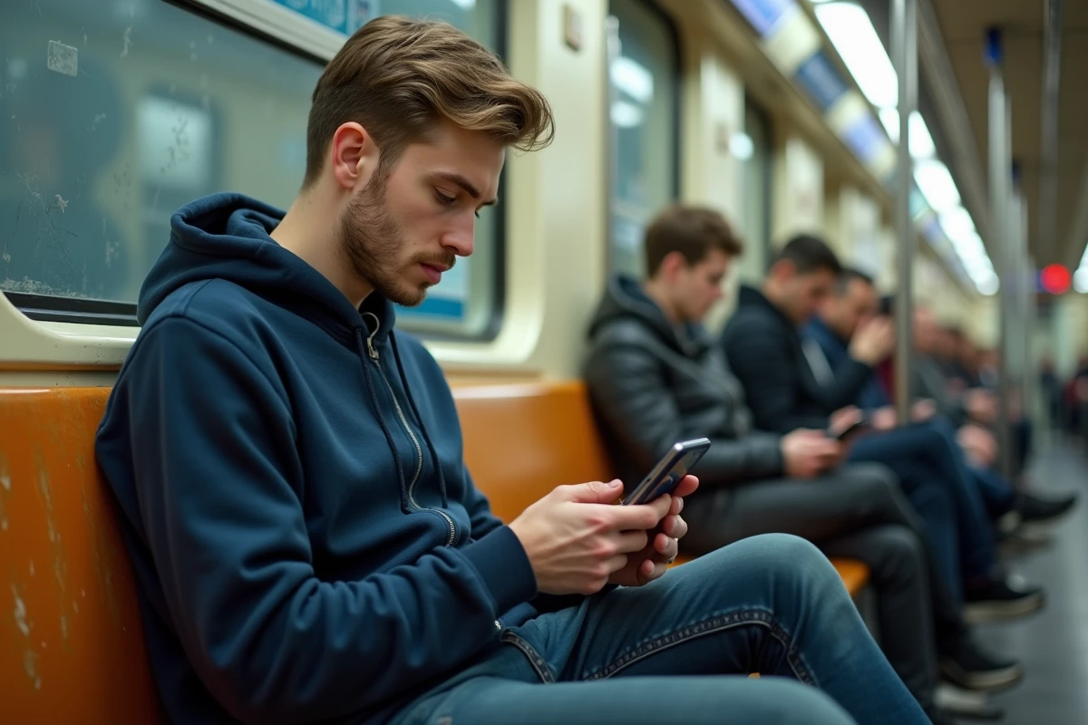 Jeune homme consultant le plan de la ligne 6 du métro parisien sur son téléphone dans la rame