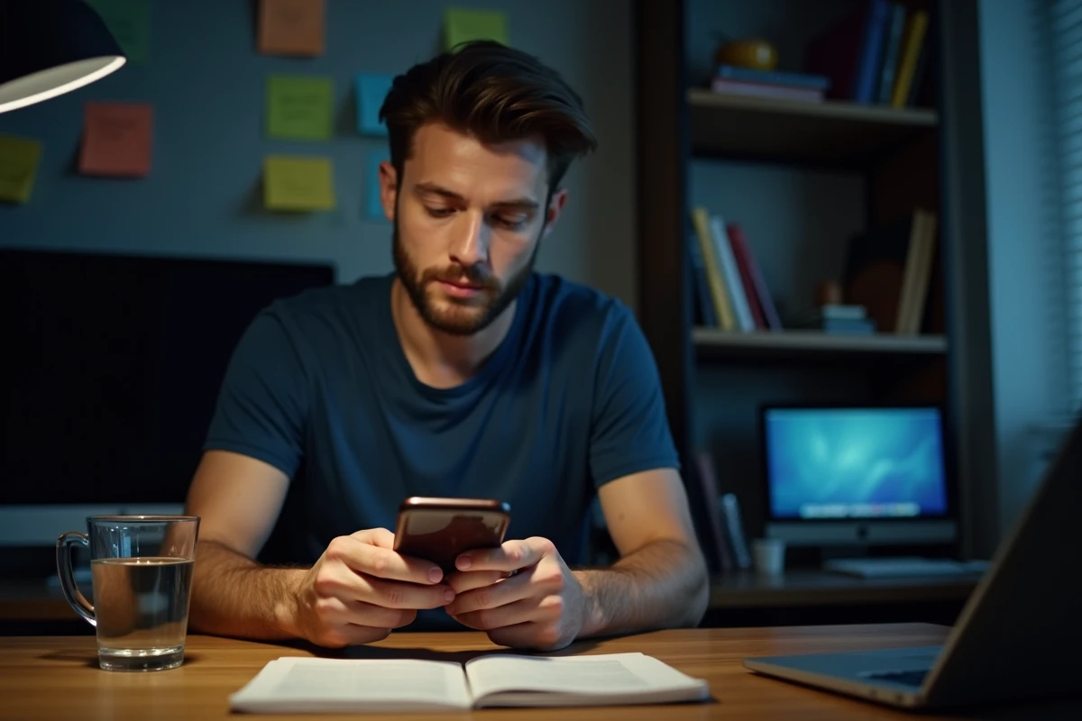 Homme concentré jouant à Monopoly Go sur son téléphone à son bureau à domicile en pleine nuit