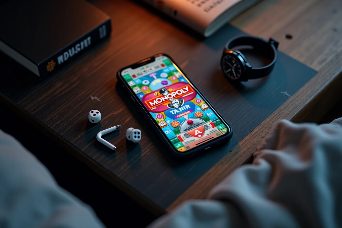 Vue en plongée d'un smartphone affichant Monopoly Go posé sur une table de nuit avec une montre indiquant minuit passé