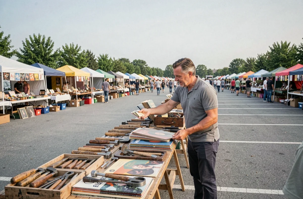 Homme négociant la vente d'outils vintage et de disques vinyle dans un grand vide grenier en Tarn-et-Garonne