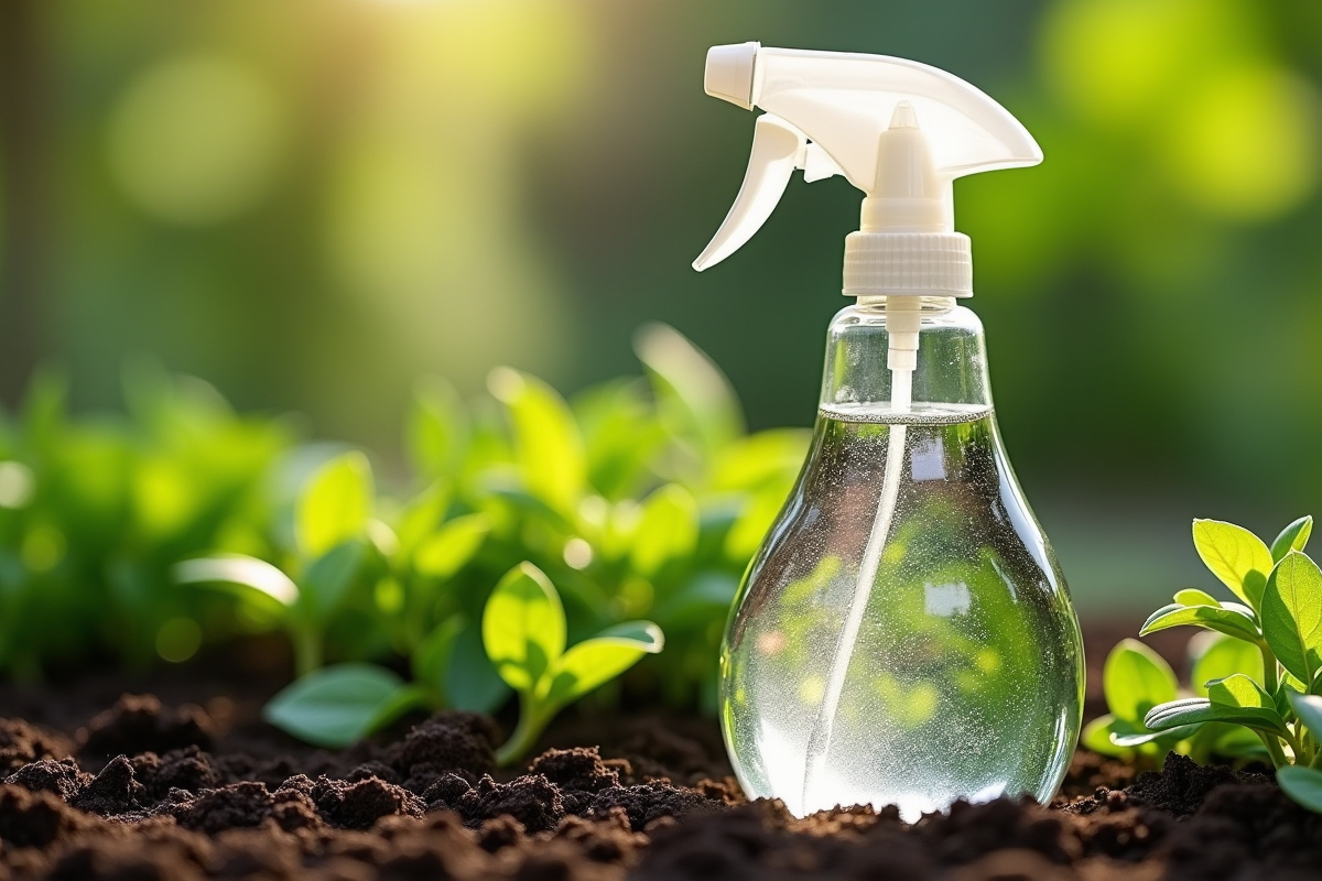 Bouteille de solution naturelle sur sol avec mauvaises herbes