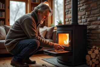 Homme moyen âge nettoyant un poêle à pellets dans un salon chaleureux