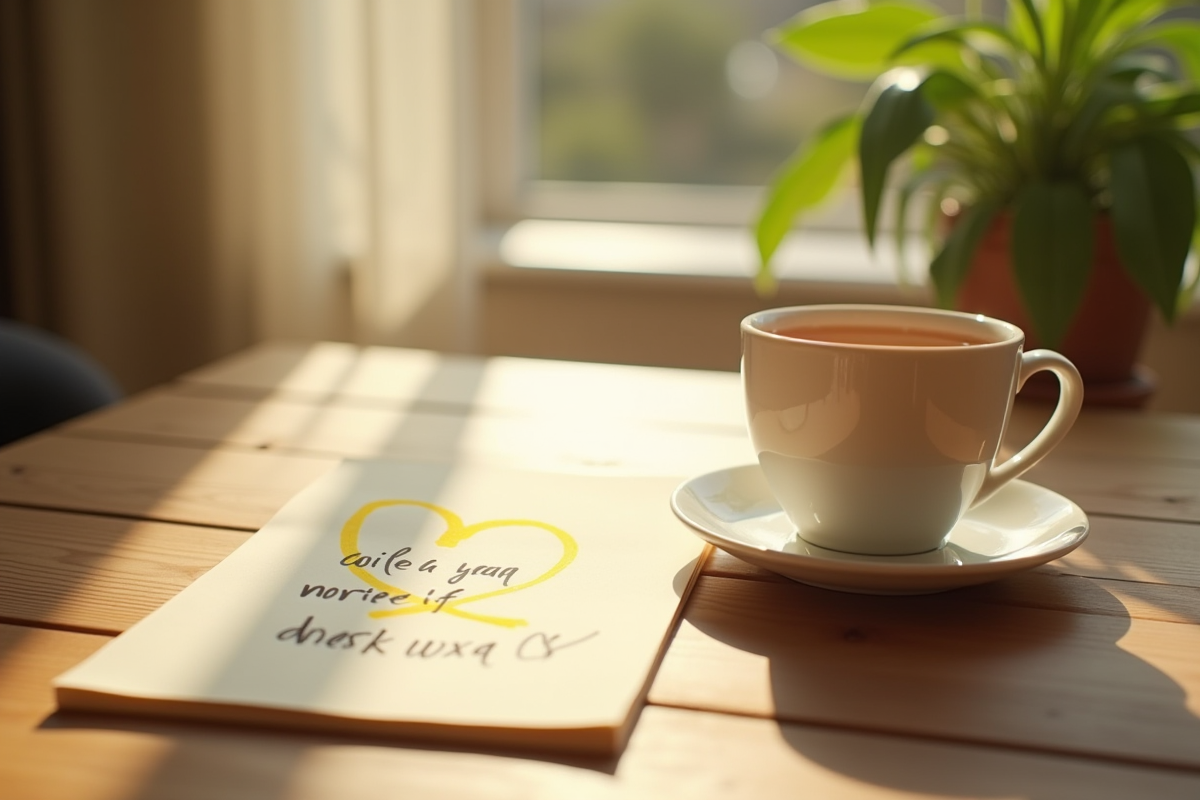 Note manuscrite avec un cœur jaune et une tasse de thé en matinée