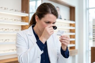 Opticienne examinant une étiquette réglementaire sur un verre de lunettes dans une boutique d'optique moderne
