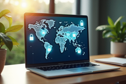 Ordinateur portable avec carte du monde et cadenas virtuels