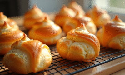 Choux pâtisserie dorés et croustillants sur un grille en bois