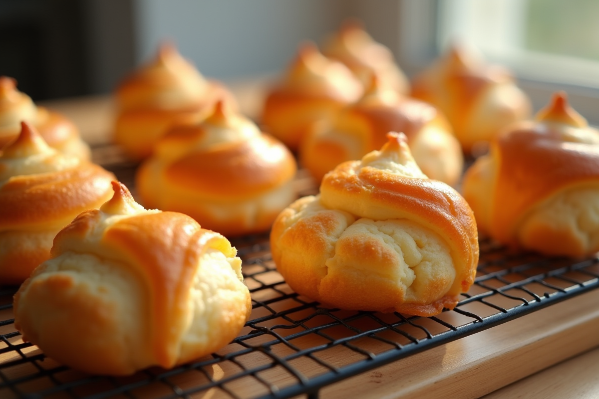 Choux pâtisserie dorés et croustillants sur un grille en bois