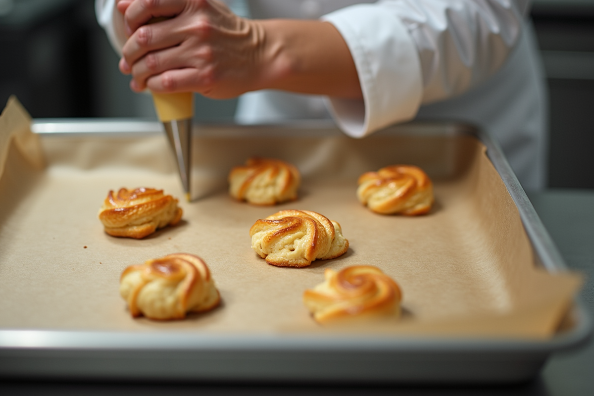 Chef pâtissier poche la pâte à choux dans une cuisine professionnelle