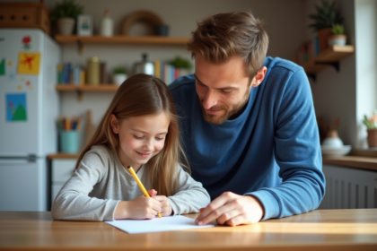 Père et fille faisant leurs devoirs dans une cuisine chaleureuse