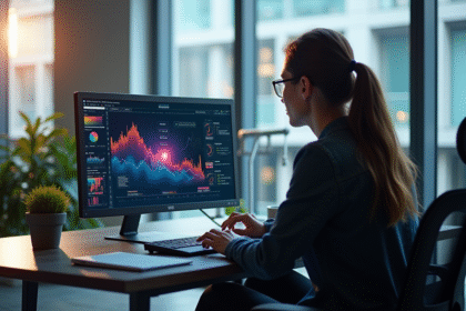 Personne au bureau regardant un écran de données colorées