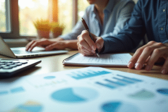 Personne au bureau calculant le taux de change avec ordinateur