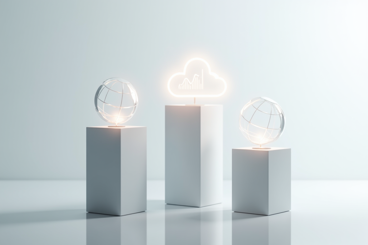 Trois piliers modernes avec icônes digitales lumineuses