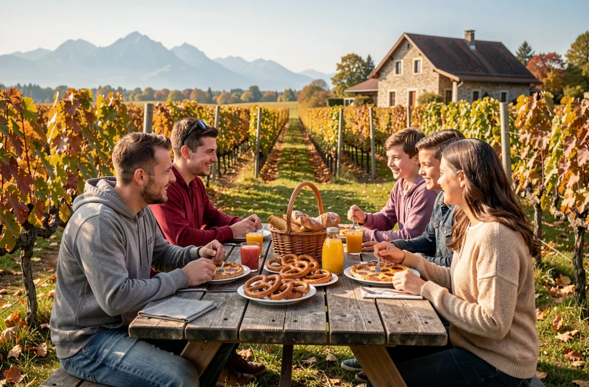 Famille qui pique-nique dans les vignes alsaciennes avec spécialités locales, loisir économique en Alsace