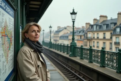 Femme consultant un plan du métro ligne 6 sur le quai aérien d'une station parisienne
