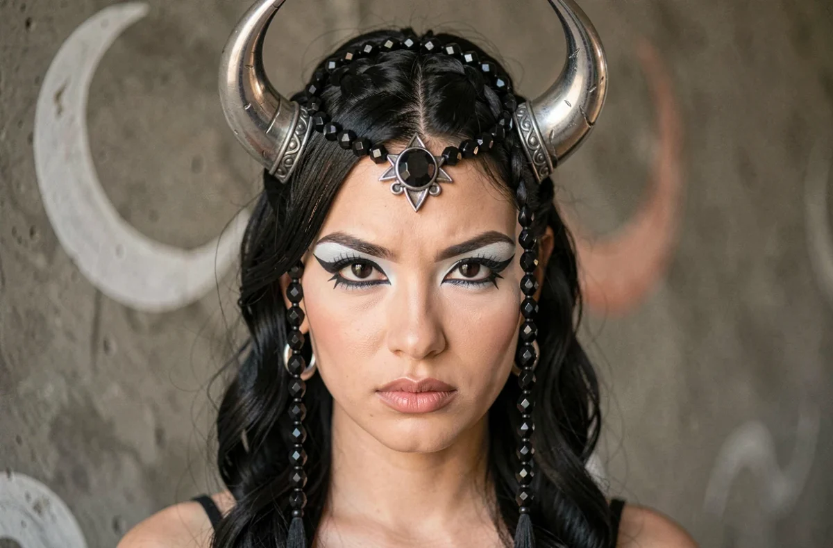 Portrait cinématographique d'une cosplayeuse en coiffe démoniaque inspirée de Lune Démoniaque, maquillage théâtral et regard intense