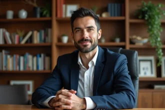Portrait éditorial d'un homme aux traits méditerranéens dans un bureau, illustrant un article sur les origines et l'identité de David Doukhan