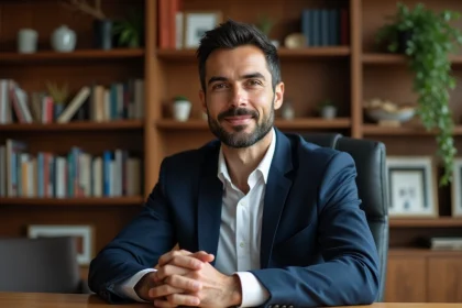 Portrait éditorial d'un homme aux traits méditerranéens dans un bureau, illustrant un article sur les origines et l'identité de David Doukhan