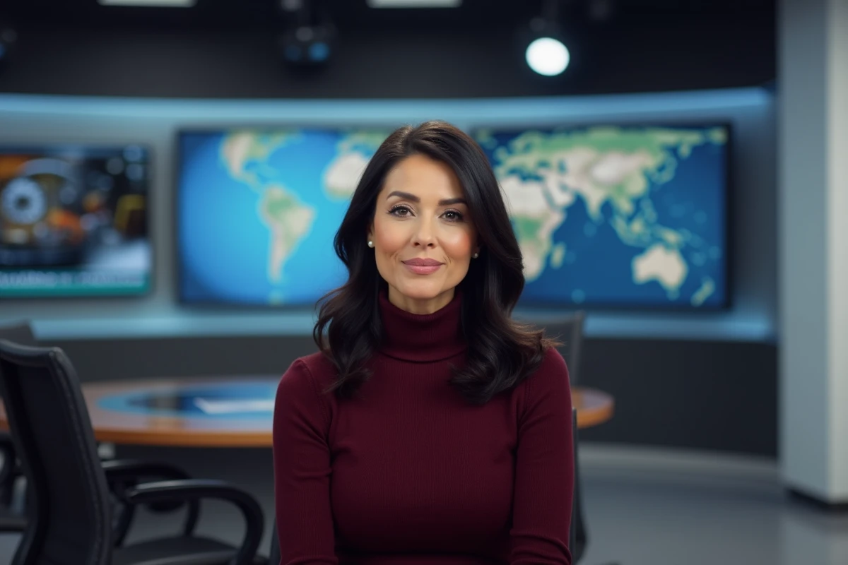 Portrait éditorial d'une journaliste française en studio de télévision, prête pour une interview en direct sur la géopolitique internationale