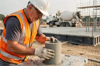 Technicien prélevant un échantillon de béton frais dans un moule cylindrique sur un chantier de construction pour vérification du dosage