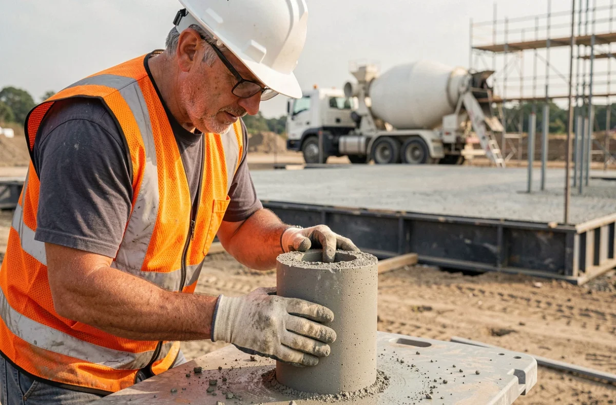 Technicien prélevant un échantillon de béton frais dans un moule cylindrique sur un chantier de construction pour vérification du dosage