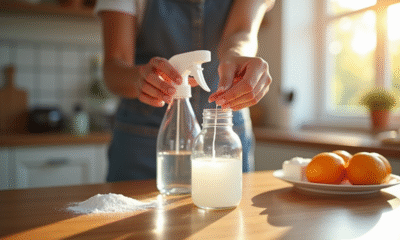 Mains versant bicarbonate et vinaigre dans un spray