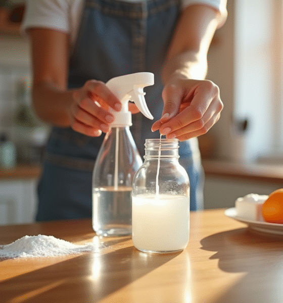 Mains versant bicarbonate et vinaigre dans un spray
