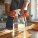 Mains versant bicarbonate et vinaigre dans un spray