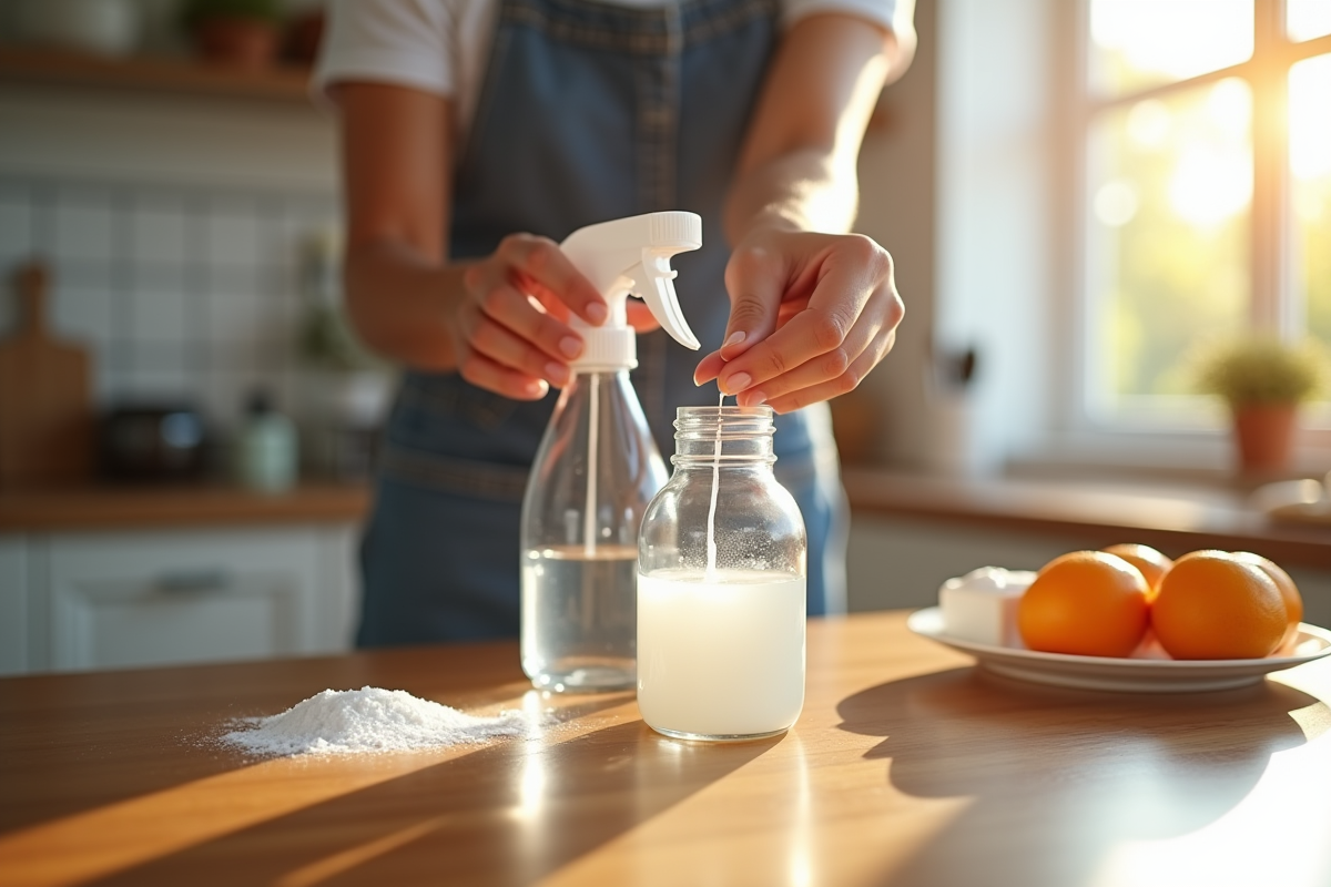 Mains versant bicarbonate et vinaigre dans un spray