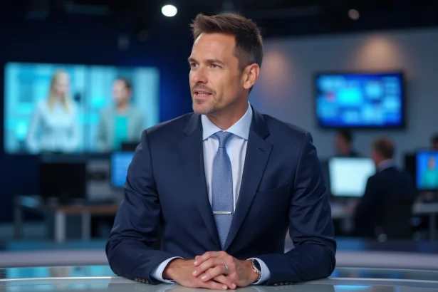Présentateur homme de journal télévisé assis derrière un bureau de studio d'information professionnelle