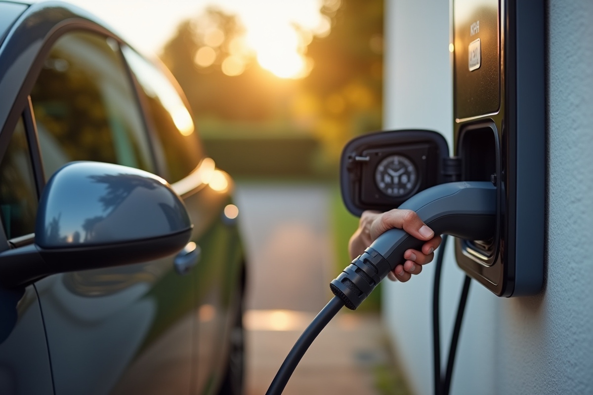 Main branchant une voiture électrique à la maison