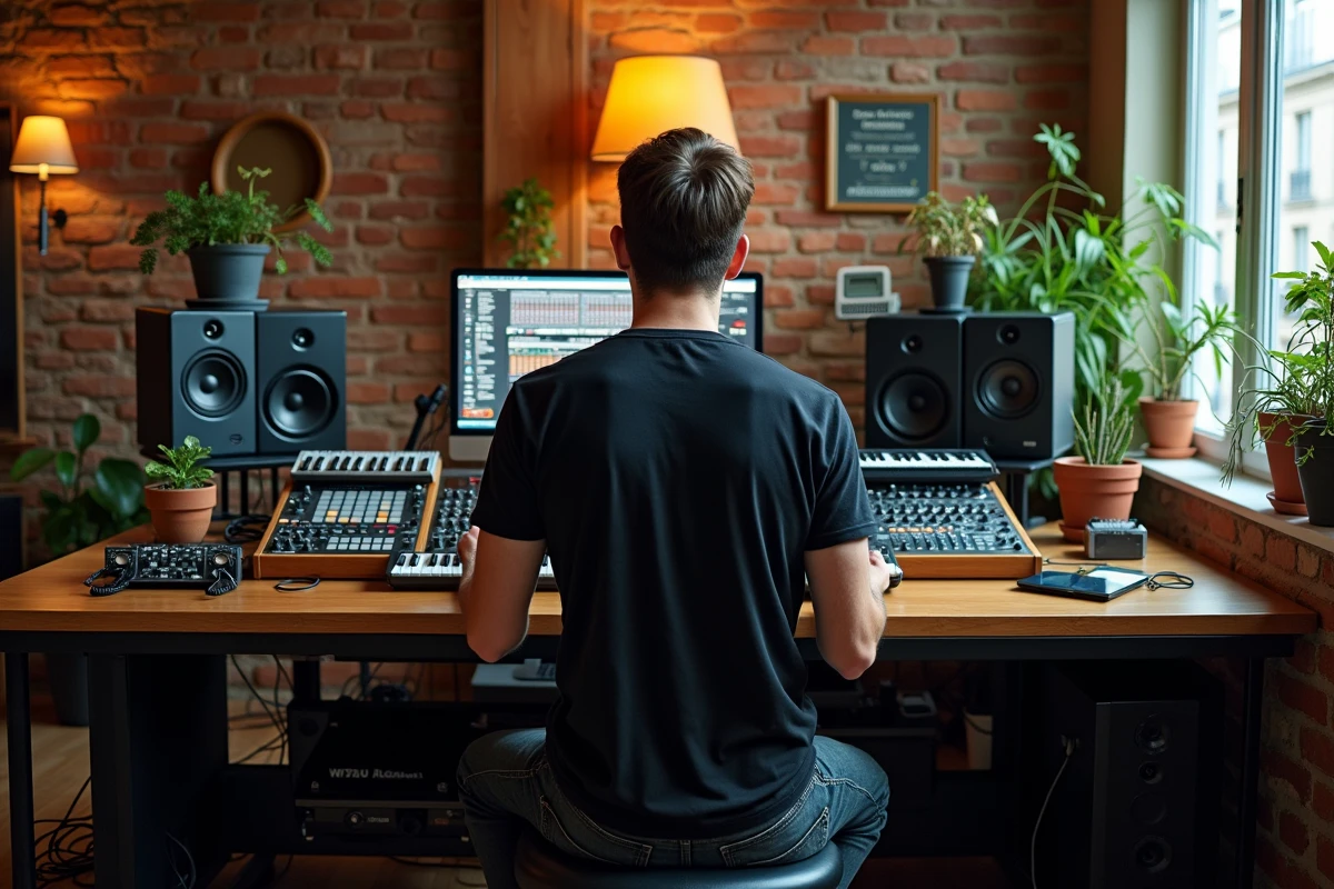 Producteur de musique électronique dans son studio home à Paris avec synthétiseurs modulaires, scène techno française