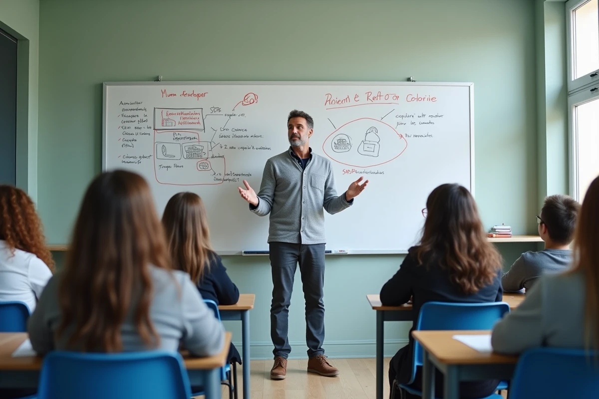 Professeur d'histoire expliquant la définition du SPQR et les institutions romaines devant un tableau blanc en classe de lycée