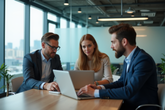 Trois professionnels discutant de ventes digitales au bureau