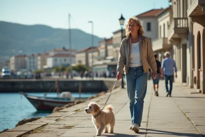 Femme marche son chien au port de La Ciotat