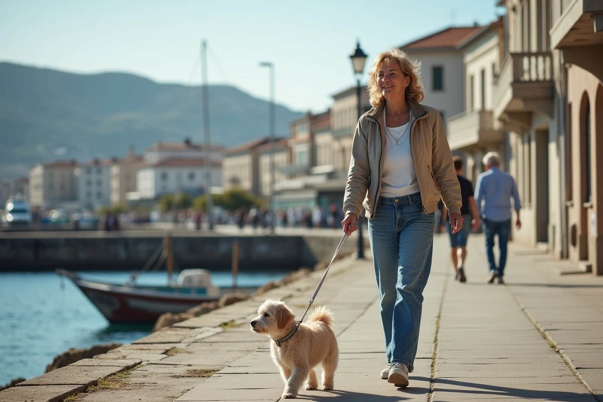 Femme marche son chien au port de La Ciotat