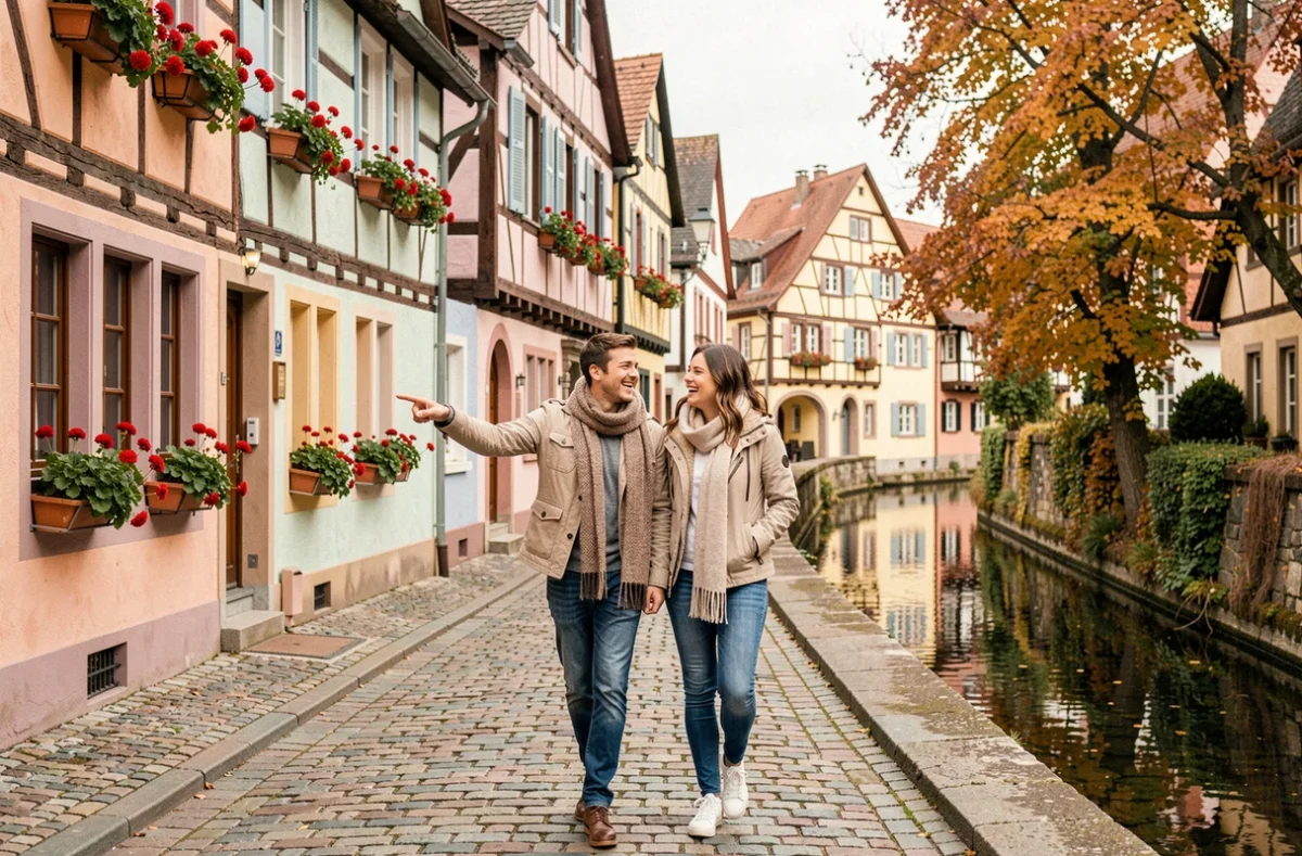 Couple en promenade dans un village alsacien pittoresque avec maisons à colombages colorées, sortie pas chère en Alsace