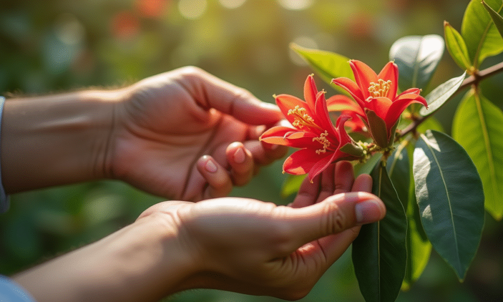 Mains manipulant une branche d'oleander sain en lumière naturelle