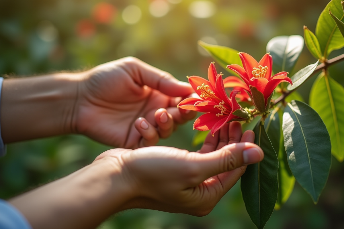Mains manipulant une branche d'oleander sain en lumière naturelle