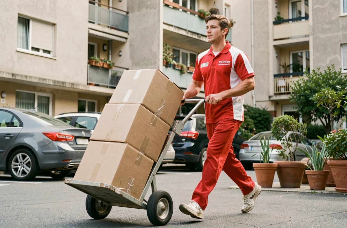 Déménageur Rapido Déménagement transportant des cartons avec un diable dans la cour d'un immeuble de Boulogne-Billancourt