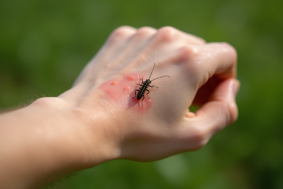 Main d'adulte avec réaction cutanée après piqûre de chenille