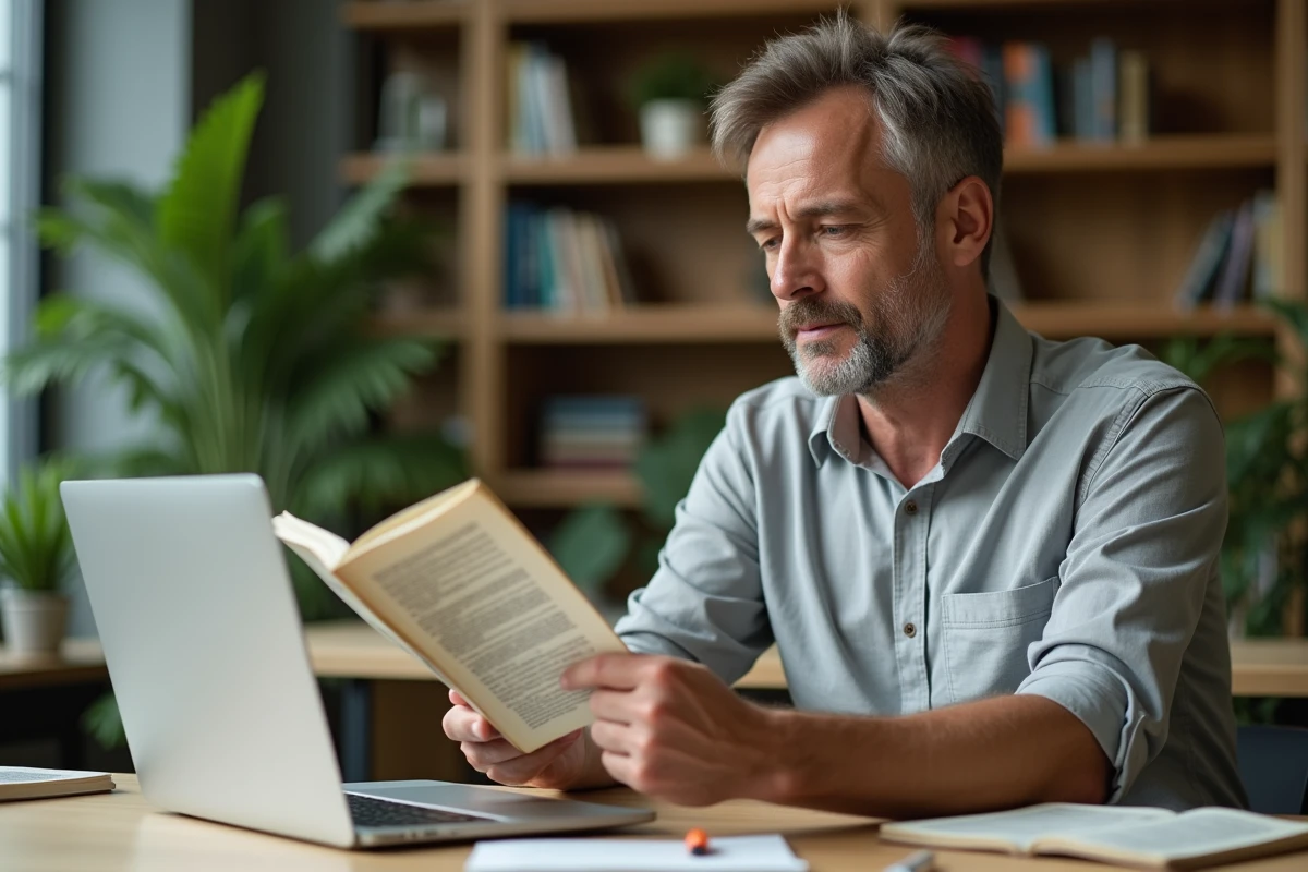 Homme consultant un thésaurus papier pour reformuler un texte long affiché sur son ordinateur portable dans un espace de coworking moderne