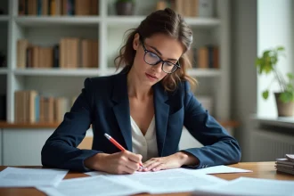Femme qui reformule un texte long à la main avec un stylo rouge sur des documents imprimés, assise à un bureau en bois dans un bureau à domicile moderne