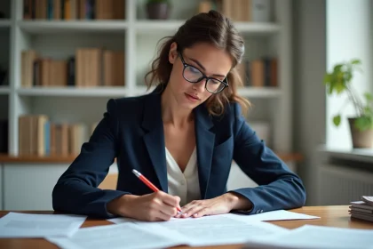 Femme qui reformule un texte long à la main avec un stylo rouge sur des documents imprimés, assise à un bureau en bois dans un bureau à domicile moderne