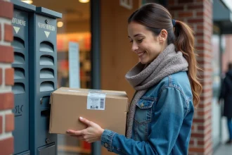Femme déposant un colis dans un relais urbain