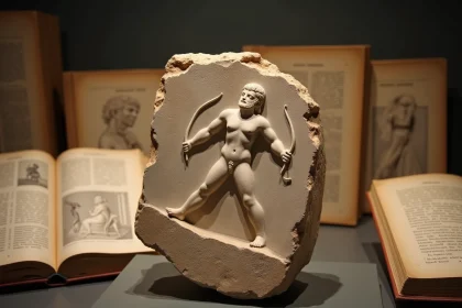 Fragment de relief en marbre grec ancien représentant Artémis avec arc, exposé dans une vitrine de musée entouré de livres de mythologie homérique